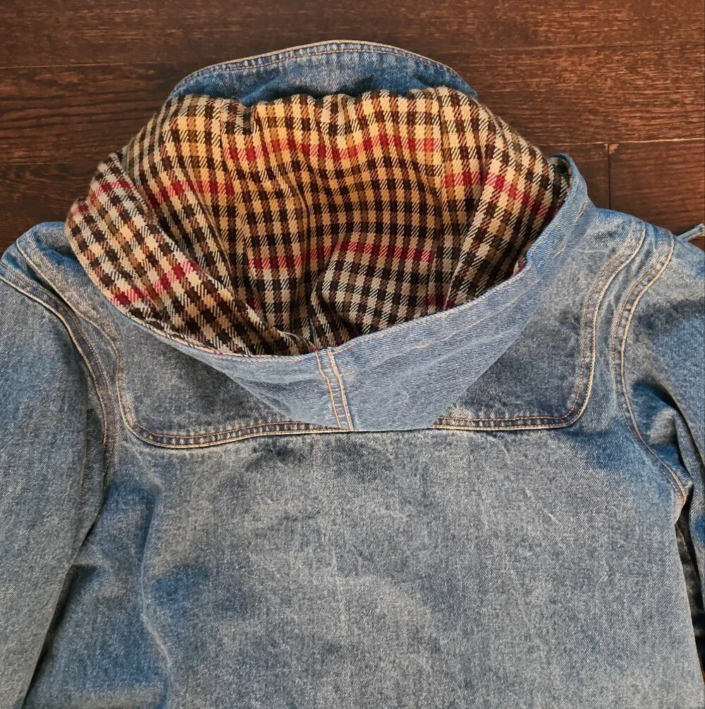 Vintage 90s Denim Duffle Coat Hooded Toggle Jacket Plaid Lined [Forenza]